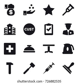 16 vector icon set : money gift, chamical industry, star, building, first aid, service bell, table, kettle, meat hammer, syringe, scraper