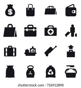 16 vector icon set : money bag, shopping bag, wallet, passenger, suitcase, baggage checking, baggage, fertilizer, garbage bag, washing powder