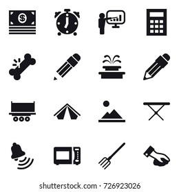 16 vector icon set : money, alarm clock, presentation, calculator, pencil, fountain, tent, landscape, iron board, bell, fork, wiping