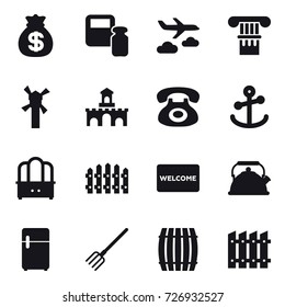 16 vector icon set : money bag, scales weight, journey, column, windmill, fort, dresser, fence, welcome mat, kettle, fork, barrel