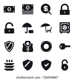 16 vector icon set : money, dollar arrow, lock, unlock, lounger, safe, shield, life vest, lifebuoy, key, plate washing