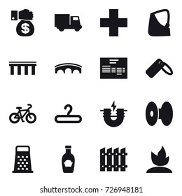 16 vector icon set : money gift, truck, bridge, bike, hanger, fence, sprouting