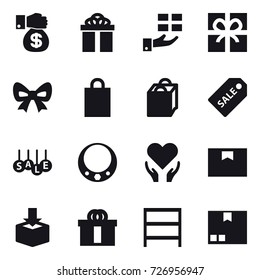 16 vector icon set : money gift, gift, bow, shopping bag, sale label, sale, necklace, rack, package