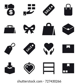 16 vector icon set : money gift, gift, sale, shopping bag, bow, box, label, sale label, heart pendant, rack, package