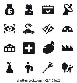 16 vector icon set : money bag, call center, calendar, satellite antenna, eye identity, electric car, dome house, greenhouse, first aid, seedling, pear, trash, rake, garden cleaning