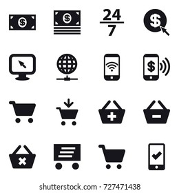 16 vector icon set : money, 24/7, dollar arrow, monitor arrow, globe connect, phone wireless, phone pay, cart, add to cart, add to basket, remove from basket, delete cart, delivery, mobile checking