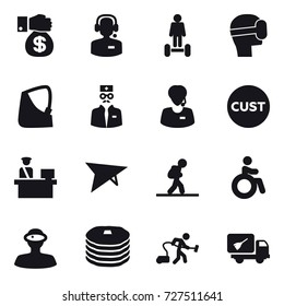 16 vector icon set : money gift, call center, hoverboard, virtual mask, deltaplane, tourist, invalid, vacuum cleaner, home call cleaning