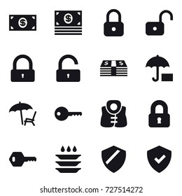 16 vector icon set : money, lock, unlock, lounger, key, life vest, locked, plate washing