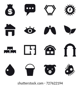 16 vector icon set : money bag, message, hex molecule, sun power, home, block wall, plan, house, arch, drop, bucket, pig, microb