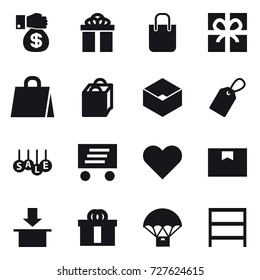 16 vector icon set : money gift, gift, shopping bag, box, label, sale, delivery, rack