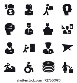 16 vector icon set : money gift, call center, courier, bulb head, virtual mask, architector, deltaplane, surfer, invalid, garbage bin