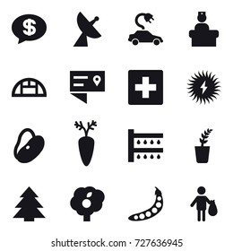 16 vector icon set : money message, satellite antenna, electric car, greenhouse, first aid, watering, seedling, spruce, garden, peas, trash