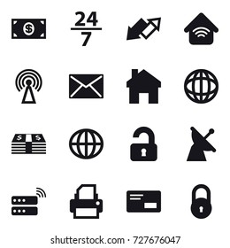 16 vector icon set : money, 24/7, up down arrow, wireless home, antenna, mail, home, globe, unlocked