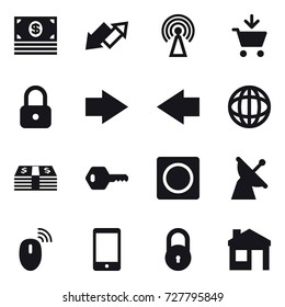 16 vector icon set : money, up down arrow, antenna, add to cart, lock, right arrow, left arrow, key, ring button, house
