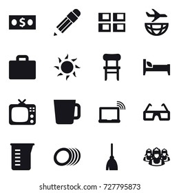 16 vector icon set : money, pencil, panel house, suitcase iocn, sun, chair, bed, tv, cup, measuring cup, broom, outsource