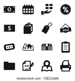 16 vector icon set : money, calendar, gift, percent, receipt, shopping bag, label, sale, ticket, project, map