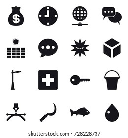 16 vector icon set : money bag, clock, globe connect, discussion, sun power, ballon, 3d, outdoor light, first aid, key, bucket, sickle, fish, drop