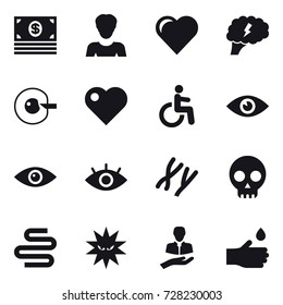 16 vector icon set : money, woman, heart, brain, cell corection, hand drop