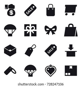 16 vector icon set : money gift, sale, shopping bag, delivery, parachute, gift, bow, box, label, sale label, heart pendant, package
