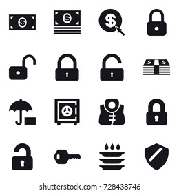 16 vector icon set : money, dollar arrow, lock, unlock, safe, life vest, locked, unlocked, key, plate washing