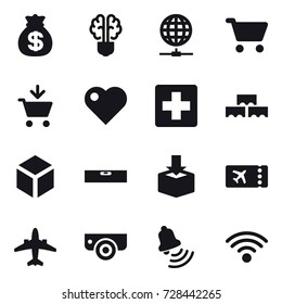 16 vector icon set : money bag, bulb brain, globe connect, cart, add to cart, heart, block wall, 3d, level, ticket, airplane, surveillance camera, bell