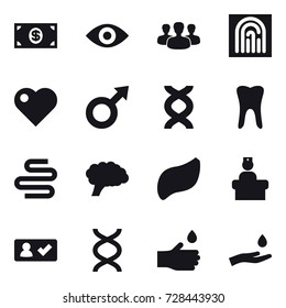 16 vector icon set : money, eye, group, fingerprint, heart, check in, hand drop, hand and drop