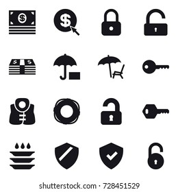 16 vector icon set : money, dollar arrow, lock, unlock, lounger, key, life vest, lifebuoy, unlocked, plate washing