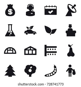 16 vector icon set : money bag, call center, calendar, satellite antenna, flask, eco car, greenhouse, watering, pear, spruce, garden, peas, trash