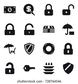 16 vector icon set : money, dollar arrow, lock, unlock, lounger, shield, lifebuoy, locked, unlocked, key, plate washing