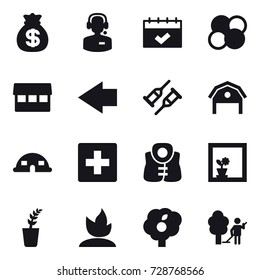 16 vector icon set : money bag, call center, calendar, atom core, market, left arrow, barn, dome house, first aid, life vest, flower in window, seedling, sprouting, garden, garden cleaning