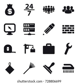 16 vector icon set : money bag, 24/7, team, group, monitor arrow, server, pencil, brick wall, measuring tape, suitcase iocn, rag, rake, scraper, brush