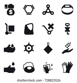 16 vector icon set : money gift, hex molecule, spinner, smart bracelet, cargo stoller, handwheel, rag, harvest, hand drop, soap, wiping, gloves