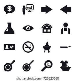 16 vector icon set : money message, presentation, right arrow, left arrow, house, check in, no smoking, bbq, pan, viruses, handle washing