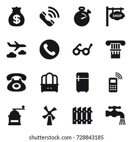 16 vector icon set : money bag, call, stopwatch, shop signboard, journey, phone, column, dresser, fridge, hand mill, windmill, fence, water tap