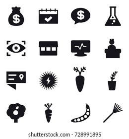 16 vector icon set : money bag, calendar, money message, flask, eye identity, market, seedling, garden, carrot, peas, rake