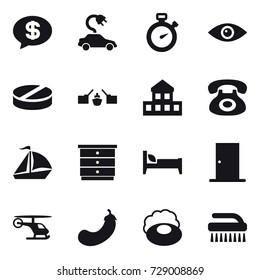 16 vector icon set : money message, electric car, stopwatch, drawbridge, cottage, sail boat, chest of drawers, bed, door, eggplant, soap, brush