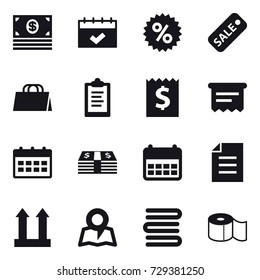 16 vector icon set : money, calendar, percent, sale, shopping bag, clipboard, receipt, atm receipt, map, towels, toilet paper