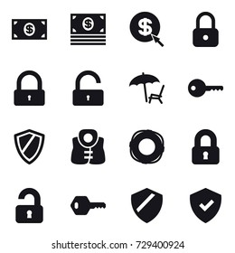 16 vector icon set : money, dollar arrow, lock, unlock, lounger, key, shield, life vest, lifebuoy, locked, unlocked