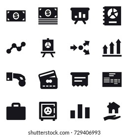 16 vector icon set : money, presentation, annual report, graph, core splitting, graph up, hand coin, credit card, atm receipt, suitcase iocn, safe, housing