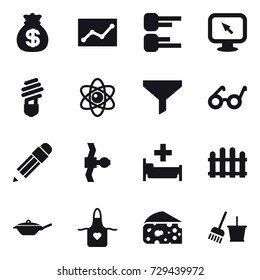 16 vector icon set : money bag, statistic, diagram, monitor arrow, bulb, atom, funnel, pencil, hospital, fence, pan, apron, cheese, bucket and broom