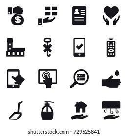 16 vector icon set : money gift, gift, mansion, mobile checking, remote control, hand drop, scoop, liquid soap, housing, hand dryer