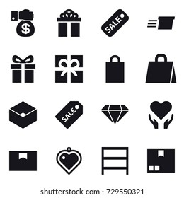 16 vector icon set : money gift, gift, sale, delivery, shopping bag, box, sale label, diamond, heart pendant, rack, package