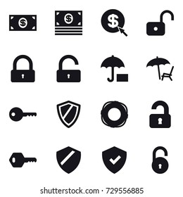 16 vector icon set : money, dollar arrow, unlock, lock, lounger, key, shield, lifebuoy, unlocked