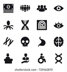 16 vector icon set : money, team, group, eye, virus, dna, fingerprint, invalid