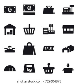 16 vector icon set : money, shopping bag, cashbox, warehouse, basket, store, market, scales, sale, hangare, package