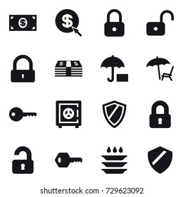 16 vector icon set : money, dollar arrow, lock, unlock, lounger, key, safe, shield, locked, unlocked, plate washing
