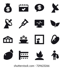 16 vector icon set : money bag, calendar, money message, satellite antenna, greenhouse, flower bed, flower in window, watering, sprouting, trash