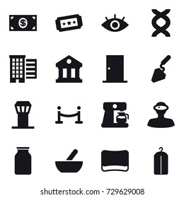 16 vector icon set : money, ticket, houses, library, door, construction, airport tower, vip fence, coffee maker, mortar, sponge, dry wash