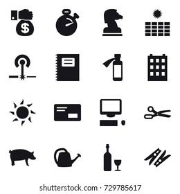 16 vector icon set : money gift, stopwatch, chess horse, sun power, laser, copybook, building, sun, scissors, pig, watering can, wine, clothespin