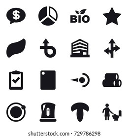 16 vector icon set : money message, diagram, bio, star, cutting board, kettle, toilet cleaning